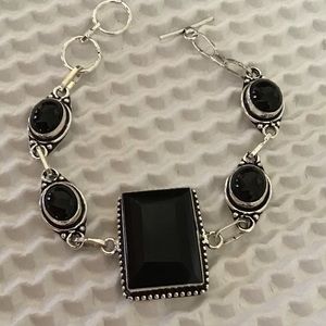 Sterling Silver Black Onyx Bracelet Bangle Adjustable